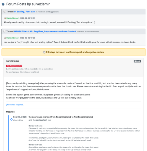 Example of a flipped review after leaving feedback in a patch note