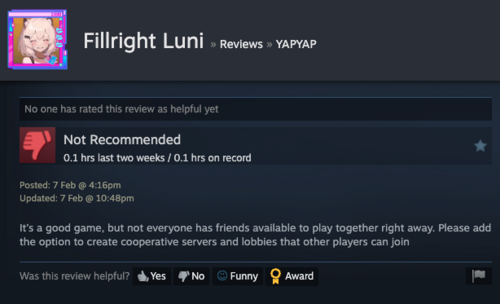 ... YAPYAP Steam Review containing the exact same comment!