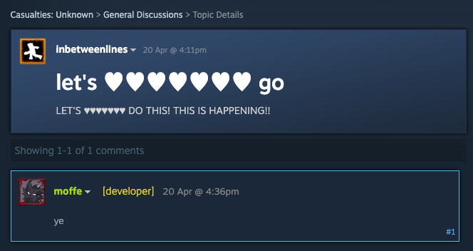 Casualties: Unknown's only developer post