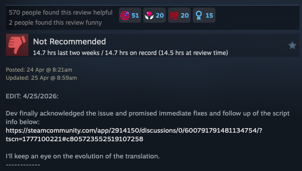 Yunyun Syndrome!? Rhythm Psychosis's third most upvoted review - referencing the localisation issue with an update from the developers
