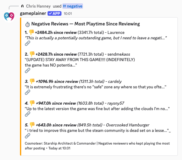 Discord Bot - Slash Commands - Negative reviews example