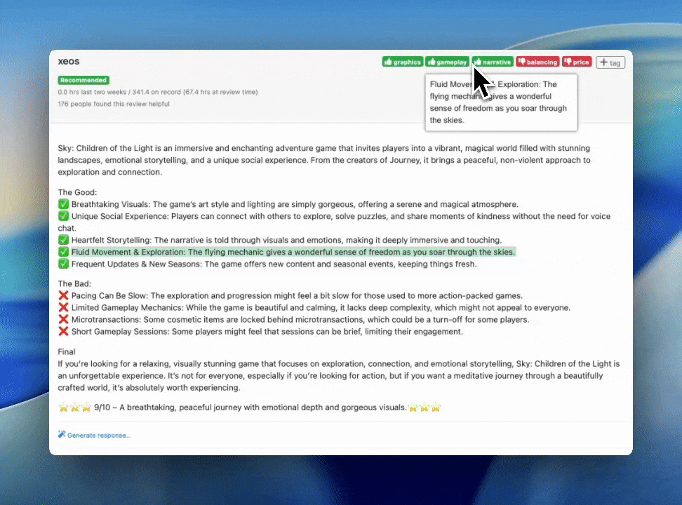 Gameplainer's Review Tagging - each tag will highlight the section of the review that it is linked to
